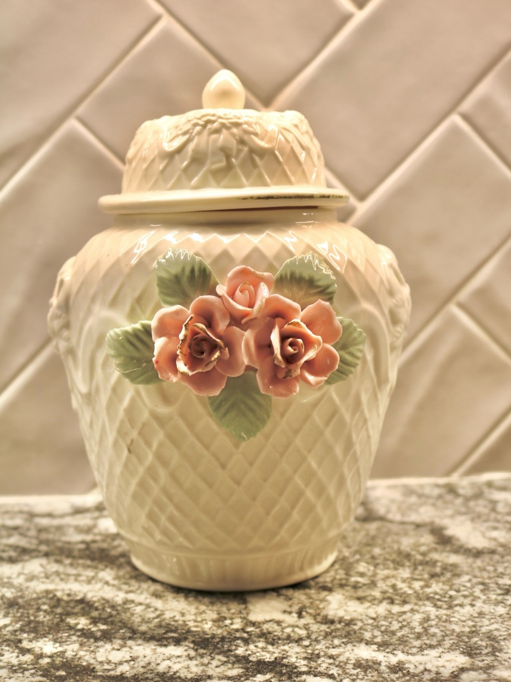 Vintage Ivory Ceramic Ginger Jar with Pink Rose Appliqué
